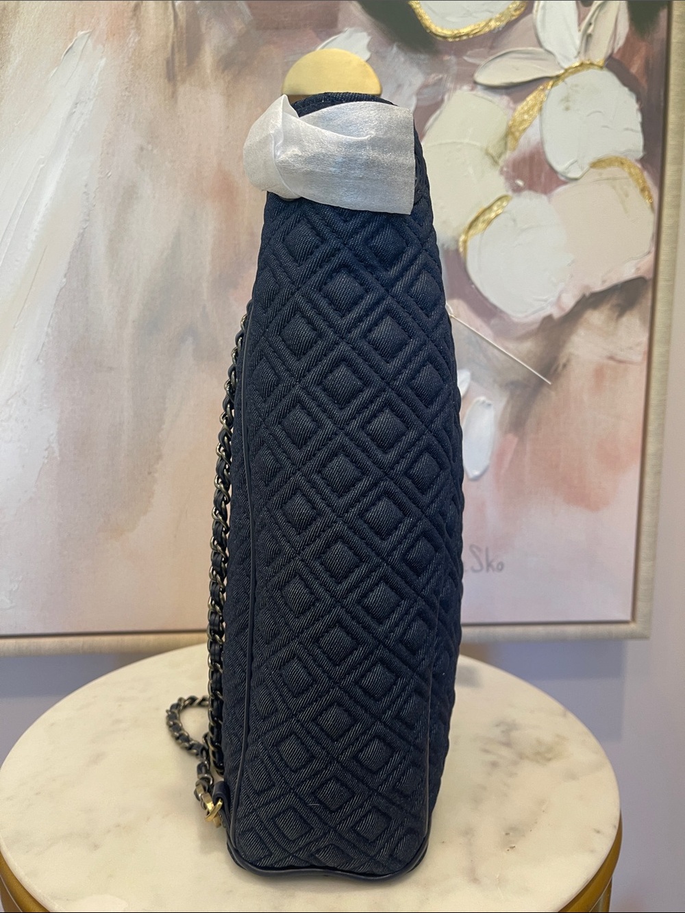 NWT Tory Burch Fleming Denim Quilted Navy Large Backpack with Chain - Picture 4 of 7